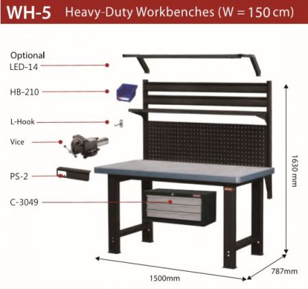 Mesa de trabajo resistente - 1500 mm de ancho - La mesa de trabajo WH-5 de SHUTER es resistente y duradera, con una gran variedad de accesorios como la mejor solución para tus necesidades en el garaje.